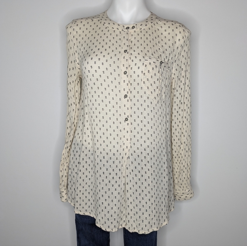 Free People Ivory Black Rune Print Button Down Long Sleeve Blouse XS